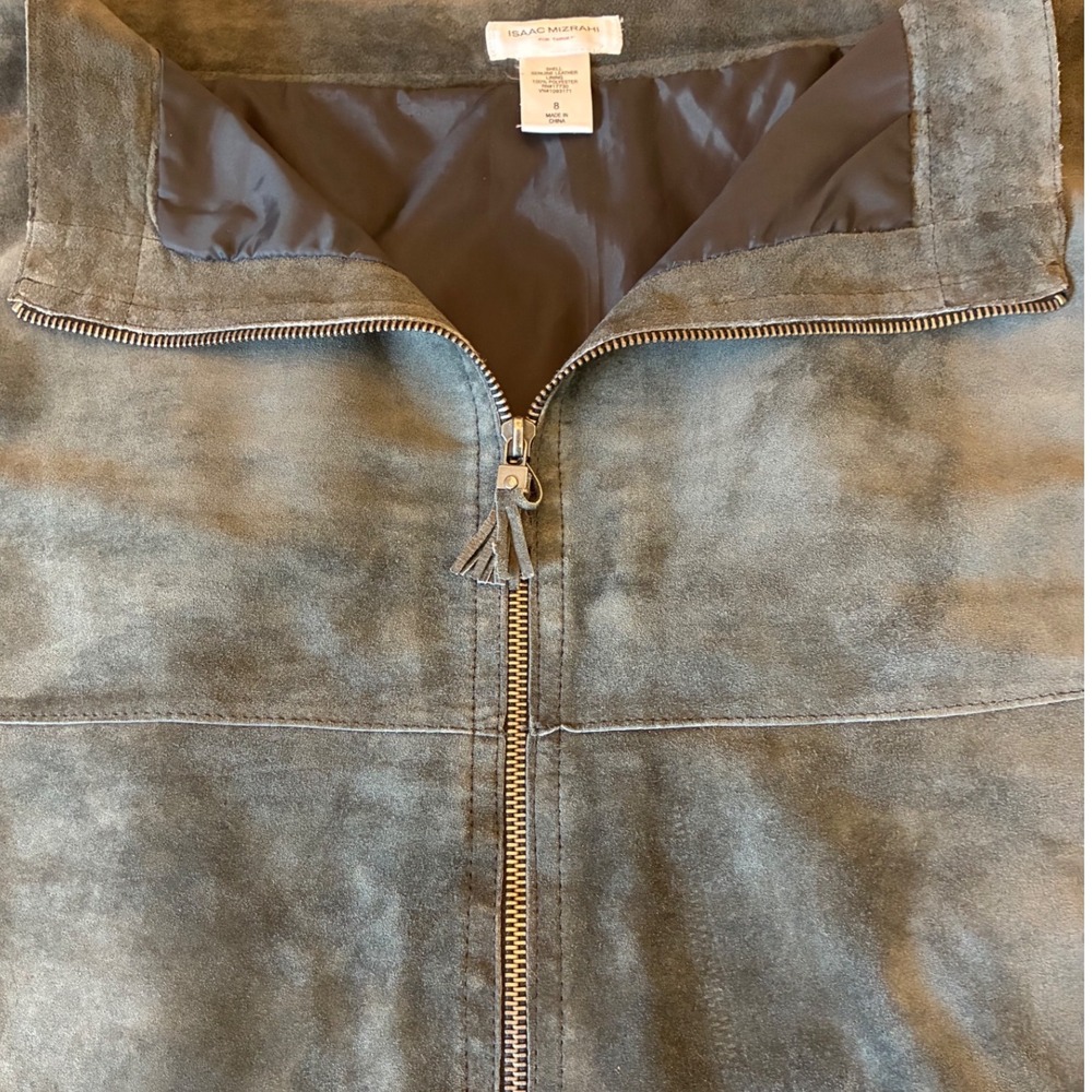 Genuine Leather Olive Green Zip Front A-Line Skirt Women's Size 8 Isaac Mizrahi - Picture 4 of 7